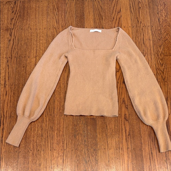 🤎 OAK + FORT Square Neck Sweater • Balloon Sleeves • XS - Picture 3 of 6